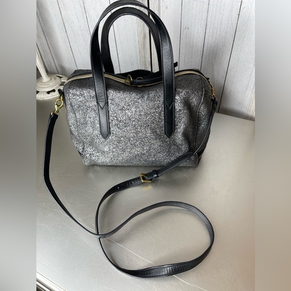 Fossil Sydney Gunmetal & Black Glitter Satchel Crossbody Shoulder Bag - Picture 1 of 8